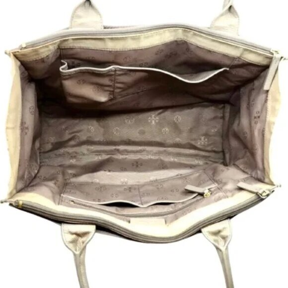 TORY BURCH~Ella~PEBBLED LEATHER & CANVAS EXTRA LARGE MULTI COMPARTMENT TOTE BAG - Picture 2 of 6